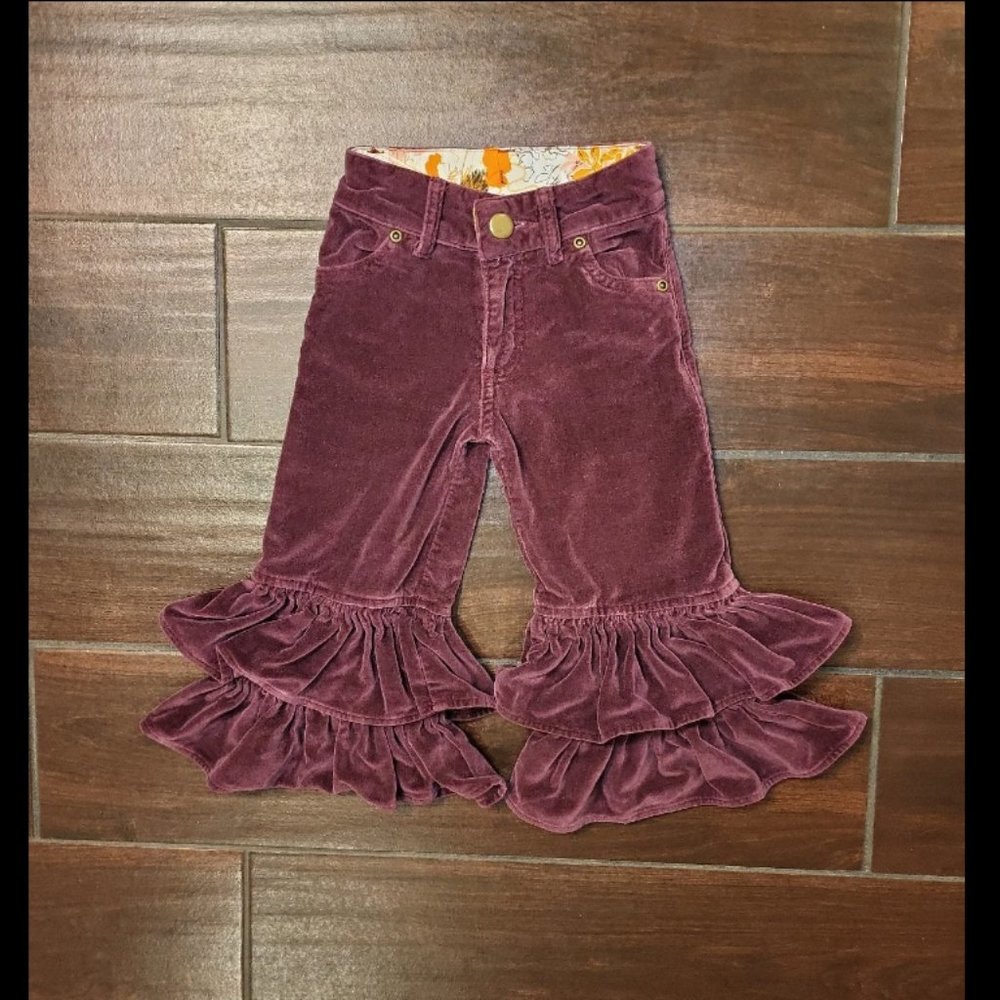 2 Persnickety Clothing Plum Burgundy Velour Double Ruffle Bell Pants